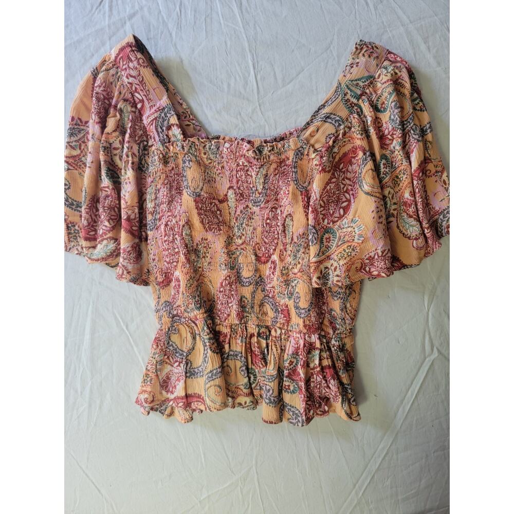 Gypsy Love Peplum Top Paisley Smocked Puff Sleeves Blouse Size M Boho Festival